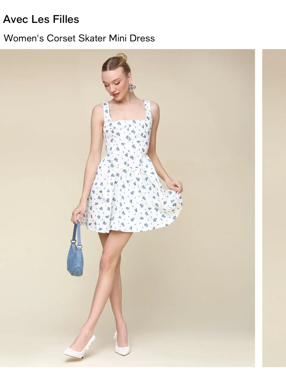 Avec Les Filles White Mini Dress with Blue Floral Print